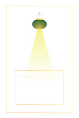 Green ceiling lamp with light and gold frame. Page frame design. Creative thinking and imagination concept. Big idea, generation of decisions, enlightenment.