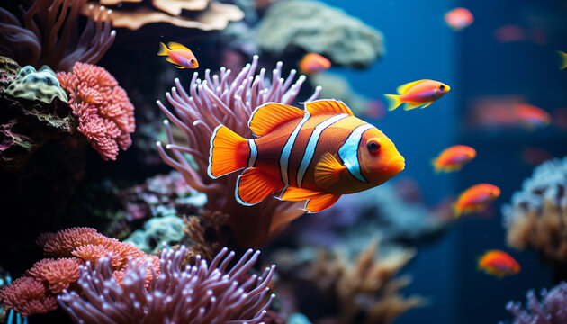 Vibrant clown fish swimming in colorful underwater reef generated by AI