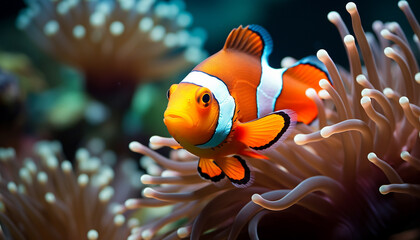 Naklejka na ściany i meble Clown fish swimming in vibrant reef, showcasing natural beauty generated by AI