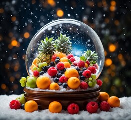 Snow globe with various fruits on snow and bokeh background.