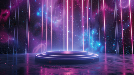 Fototapeta na wymiar Explore a Futuristic 3D Podium Hanging in the Cosmic Abyss, Illuminated by a Minimalist Abstract Background with Striking Neon Stripes and Geometric Forms.