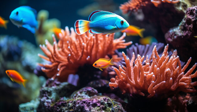 Clown fish swimming in vibrant reef, underwater beauty in nature generated by AI