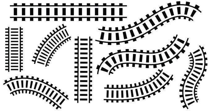 Train railway road set. Rail transport path element collection. Vector isolated on white.
