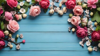 Charming Spring Floral Frame Background on Blue Wooden Table, Flat Lay, Perfect for Spring Celebrations - Powered by Adobe