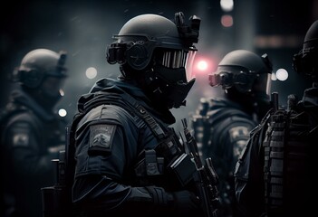 SWAT Team - fictional non-descript nor city-specific SWAT team in full riot gear preparing to take on a night-time riot. 3D render generated by AI. Generative AI