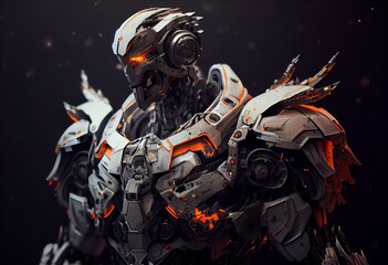 Space soldier in a mech on a dark background. Robot warrior in the military of the future made of white and gray metal. Robot with scraped metal armor. With orange paint, a large robot. Generative AI - obrazy, fototapety, plakaty