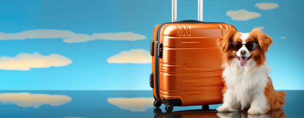 dog wearing sunglasses sits beside a suitcase, concept traveling with pets