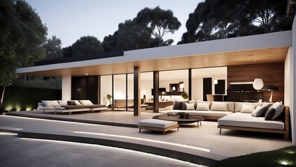 Fototapeta premium Modern, Sleek Interior Design of a Wooden Patio Design with interior design, sofas, sittings, firewood, for relaxation and peaceful home decor