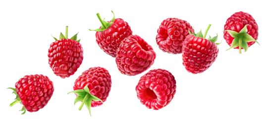 Set of flying ripe raspberries isolated on a white background.