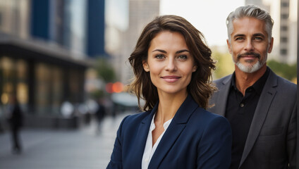 Two confident business people wearing suit, looking at camera. Business woman and man on city street urban background. Successful team leaders