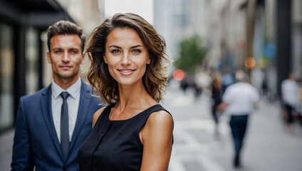 Two confident business people wearing suit, looking at camera. Business woman and man on city street urban background. Successful team leaders