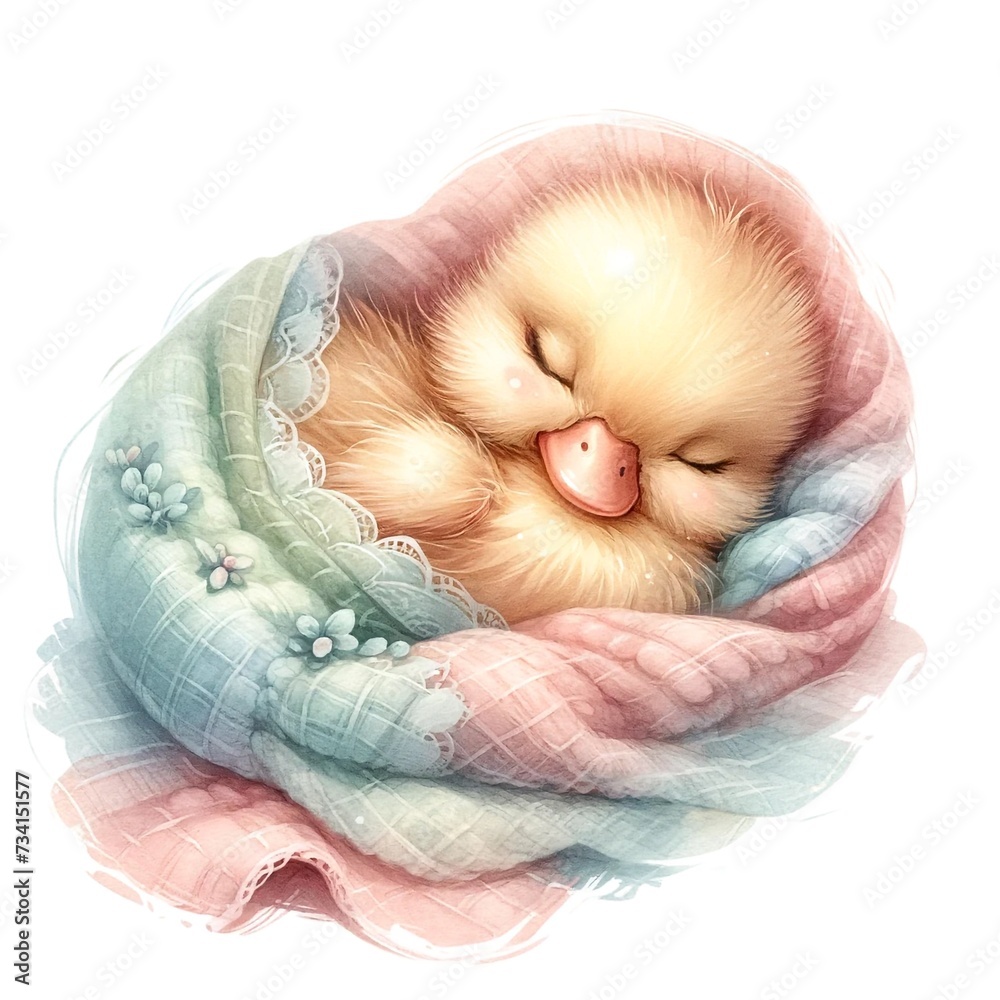 Poster Whimsical sleeping duck nursery illustration created with Generative AI technology