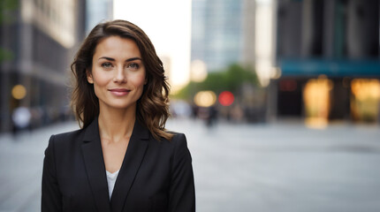Fototapeta premium Portrait of confident happy young business woman on city street urban background. Woman manager, ceo, wearing suit, looking at camera
