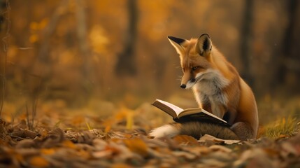 fox reading a book in the park in autumn with orange autumn trees and leaves in the background.