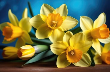 international Womens Day, Mothers Day, St. Davids Day, spring flowers, bouquet of yellow daffodils, blue background, wooden table