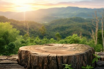 Wooden desk or stump in green forest background 