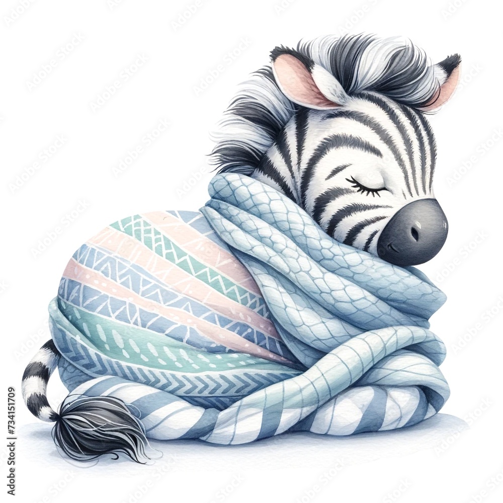Poster Whimsical sleeping zebra nursery illustration created with Generative AI technology