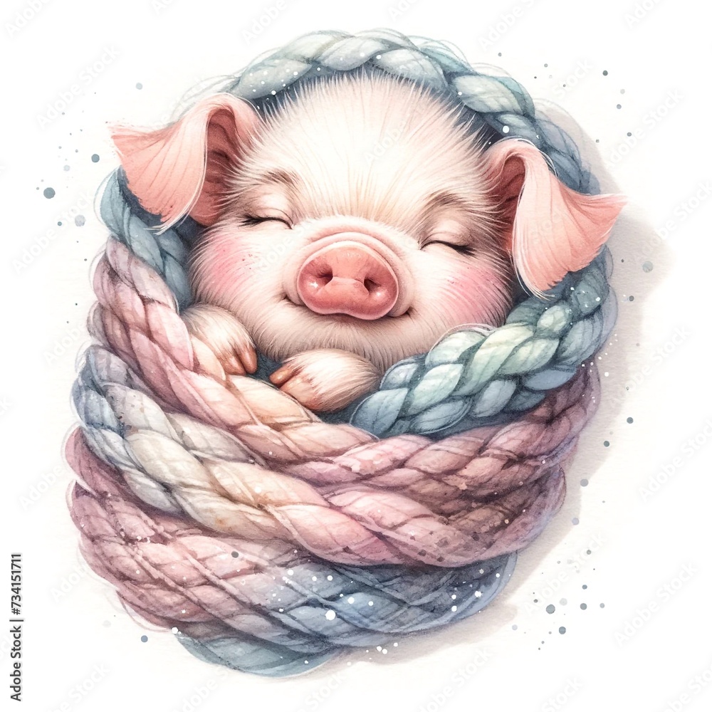 Poster whimsical sleeping pig nursery illustration created with generative ai technology
