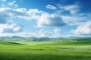 Fototapeta premium Natural scenic panorama Greenfield, Panoramic view of green meadow and blue sky with clouds, Ai generated
