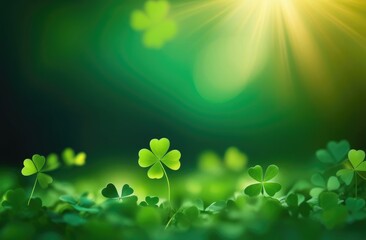Fototapeta na wymiar St. Patrick's Day, abstract green background, background with clover leaves, golden glow, place for text, bokeh effect, sun rays, Irish shamrock