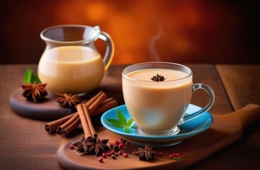 Fototapeta premium Holi, a celebration of spring and bright colors in India, traditional Indian cuisine, national Indian drink, tea with spices and milk, Indian masala tea