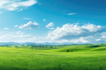 Obraz premium Natural scenic panorama Greenfield, Panoramic view of green meadow and blue sky with clouds, Ai generated