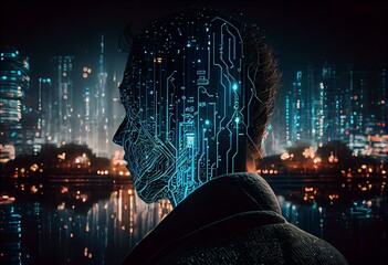 Cybersecurity circuitry glowing inside an android's head in a night city. Generative AI