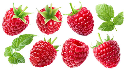 Set of ripe raspberries with leaf isolated on a white background.