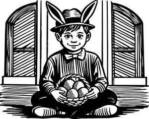 Young boy sitting in front of front doors holding plastic Easter eggs and wearing a bunny hat.