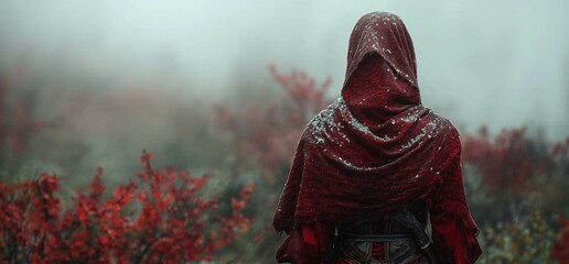 a person wearing dark red headscarf is standing in the field of red flowering bushes in a fog and snow is snowing on the scarf - obrazy, fototapety, plakaty