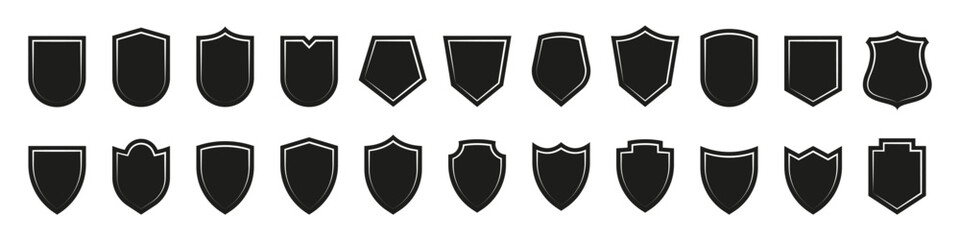 Shield icons collection. Protective shield set. Security shield set with contours and linear signs. Elements of safety and protection. - obrazy, fototapety, plakaty