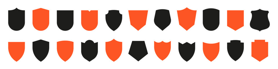 Shield icons collection. Protective shield set. Security shield set with contours and linear signs. Elements of safety and protection. - obrazy, fototapety, plakaty