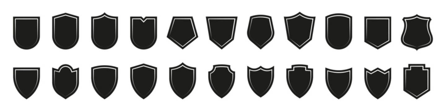 Shield icons collection. Protective shield set. Security shield set with contours and linear signs. Elements of safety and protection.
