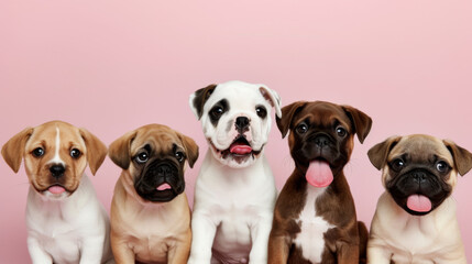 lineup of five adorable puppies with a plain background, each displaying a unique expression.