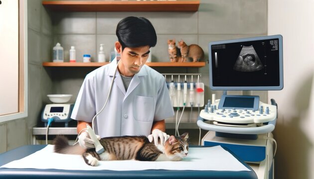 A veterinarian performs an ultrasound on a calm cat at a clinic, surrounded by medical tools in a clean setting