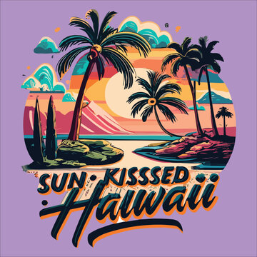 Summer Sun Kissed Hawaii lettering palm tree sunset eps vector design, Tropical Beach illustration for trendy t shirt and apparel design, hoodies, banner, print poster tropical emblem