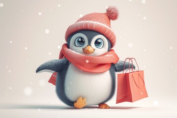 Penguin with bags, shopping. Penguins in different life situations. Generated by AI. High-quality cartoon illustration