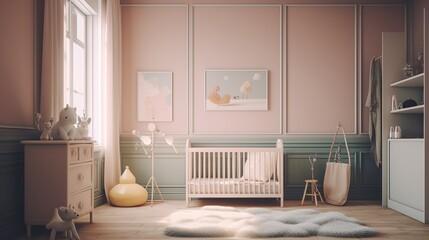 Cozy children's room interior. Scandi-Boho style neutral unisex children room interior background. Mock up frame. Baby crib in pastel colored nursery. Wooden chair and table. Generative Ai