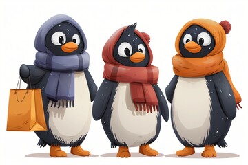 Fototapeta premium Penguins with bags, shopping. Penguins in different life situations. Generated by AI. High-quality cartoon illustration