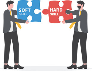 businessmans holding two pieces between Hard VS Soft Skills Concept 

