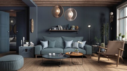 Living room interior designed in an eclectic way combining Scandinavian, Japandi and boho styles. Natural materials like wood and woven fabrics create a cohesive whole with warm colors. 3D render