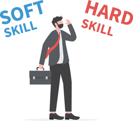 businessman and man holding two pieces between Hard VS Soft Skills Concept 

