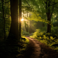 Enchanting Sunlit Forest Pathway - A Haven of Tranquillity and Natural Splendor