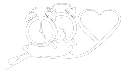 One continuous line of alarm clock with Heart. Thin Line Illustration vector Valentine's Day concept. Contour Drawing Creative ideas.