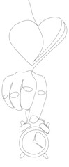 One continuous line of alarm clock with Heart. Thin Line Illustration vector Valentine's Day concept. Contour Drawing Creative ideas.