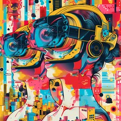 Vibrant Digital Art of Futuristic Cityscape and Virtual Reality Experience