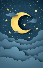 Paper art of crescent moon and clouds decorated with stars in the night sky. paper cut and craft style.
