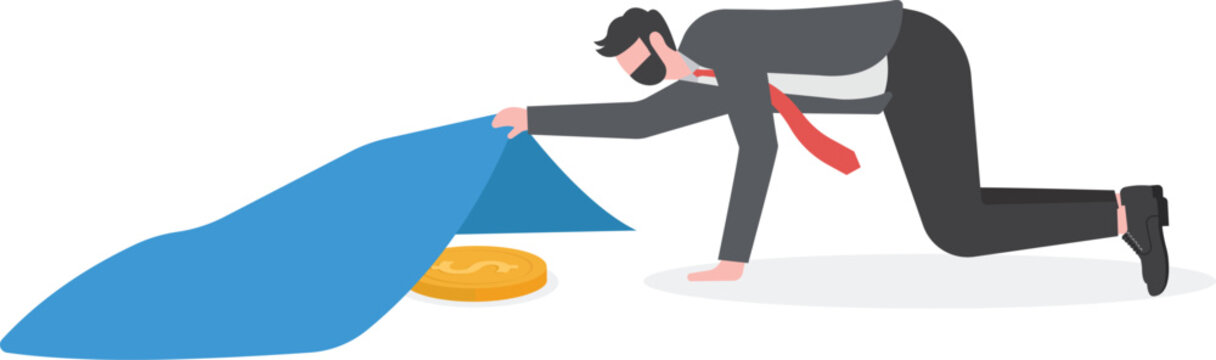 Finding bargain stock, hidden cost or expense, searching for yield or investment return concept, businessmen successfully find golden dollar coin money under the carpet.

