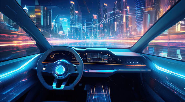 Furutistic car dashboard in the neon city.Synthwave or cyberpunk automobile control panel.