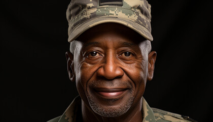 Smiling African American veteran in military uniform, proud and confident generated by AI - obrazy, fototapety, plakaty